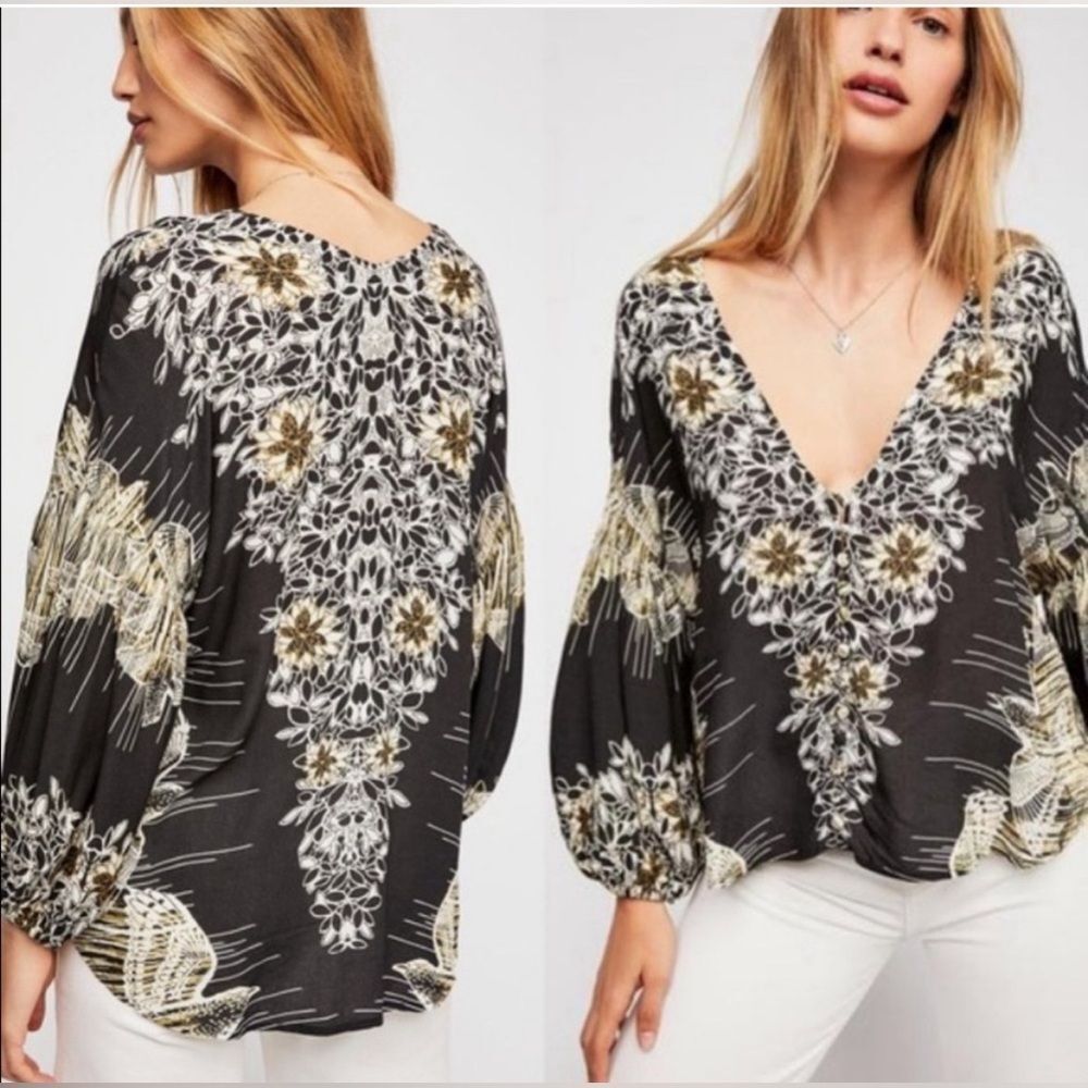 Free People M Birds of a Feather Blouse Buttons Bohemian Hippie Festival Print